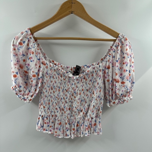 Forever 21 White Floral Smocked Puffed Sleeve Top – Size Small - Picture 5 of 5